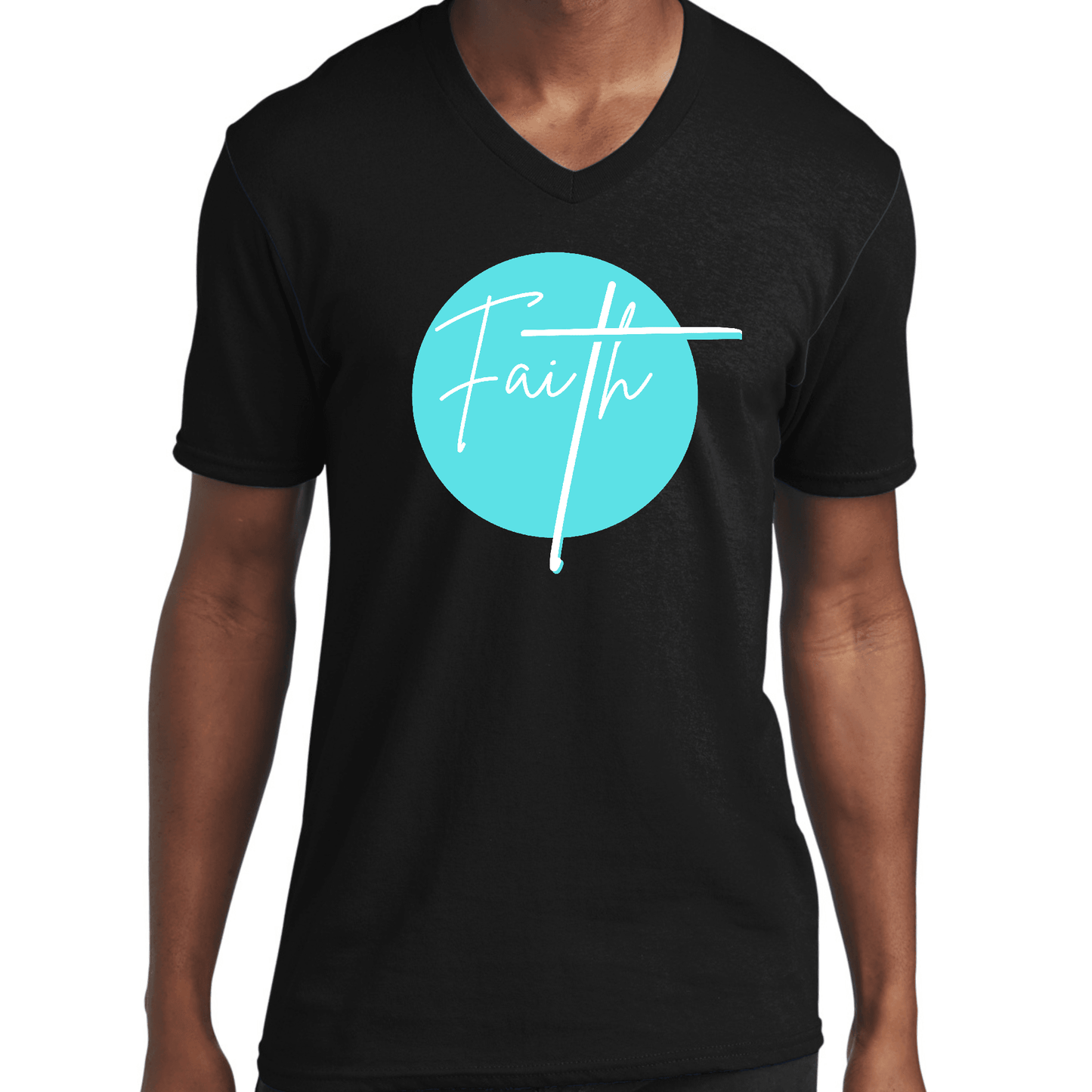 Graphic V-neck T-shirt, Faith - Christian Affirmation - Cyan Blue - Outdoorsavage